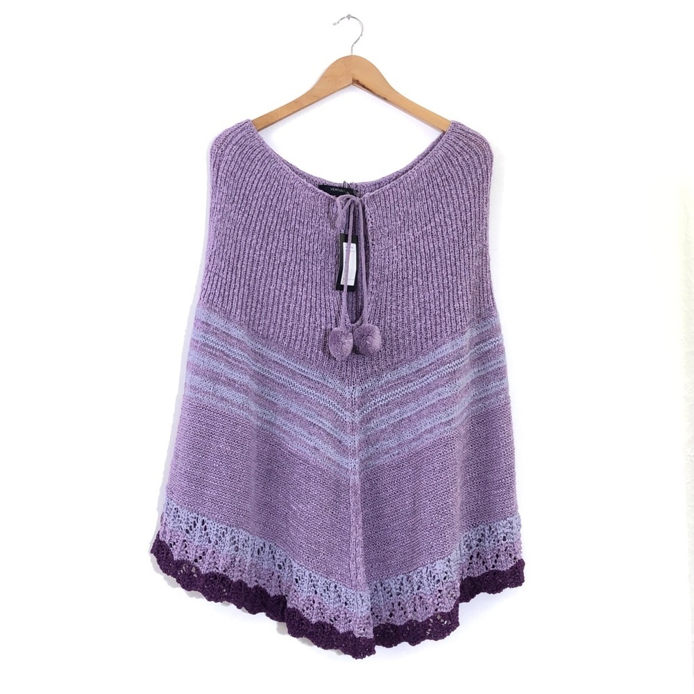 Vertigo Purple Chevron Stripe Crochet Knit Pom Pom Shawl